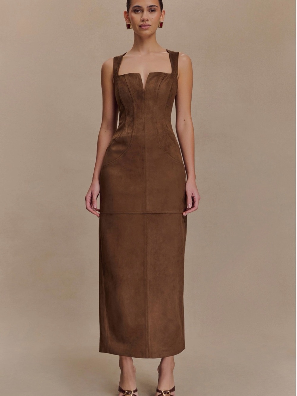 Meshki Brown Suede Notched-Neck Maxi Dress BRAND NEW NOT WORN